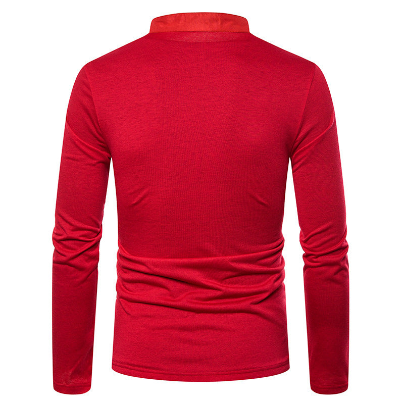 Men's Solid Color Deep V Stand Up Collar Long Sleeved Slim Shirt